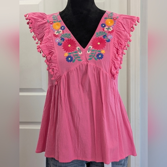 Pink Embroidered Ruffle Top - Picture 1 of 4